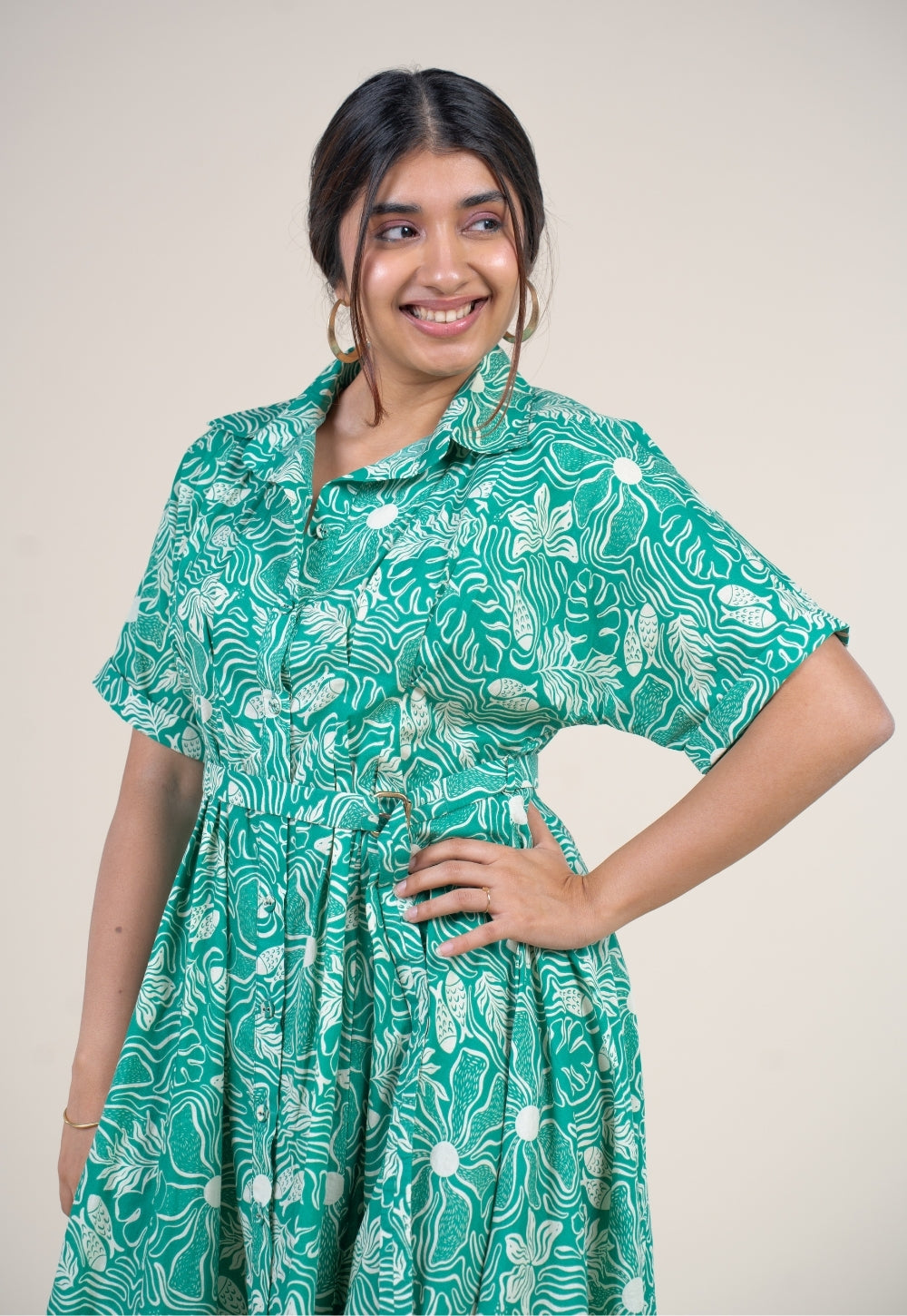 Preeti Emerald Green Printed Floral Cotton A Line Dress L
