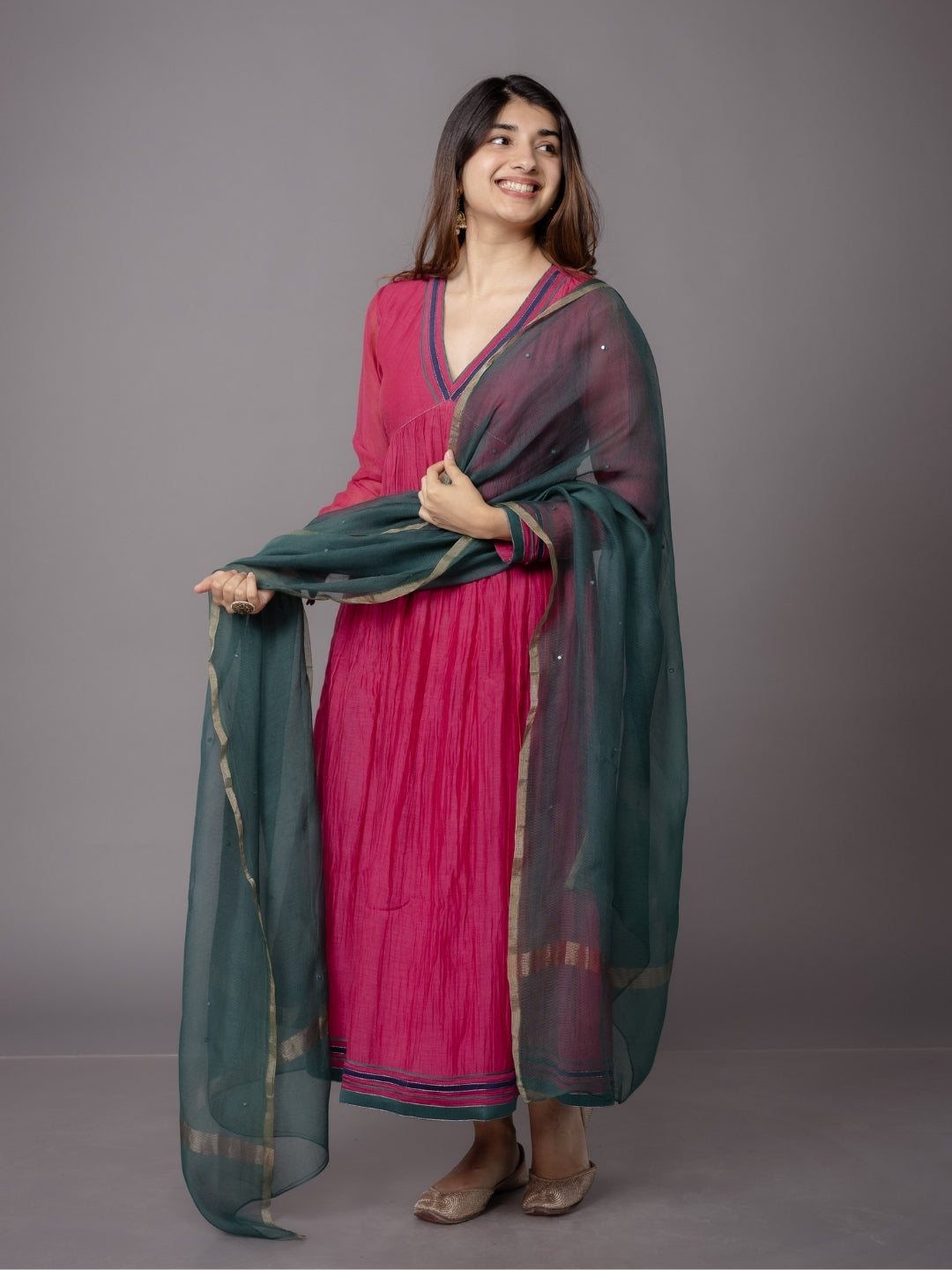 Smita Pink Solid Chanderi Silk A Line Kurta