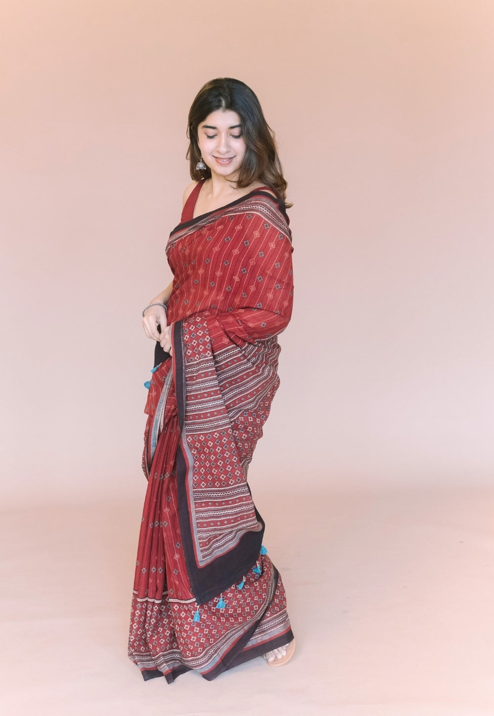 Red Aztec Ajrakh Hand Block Print Mul Saree