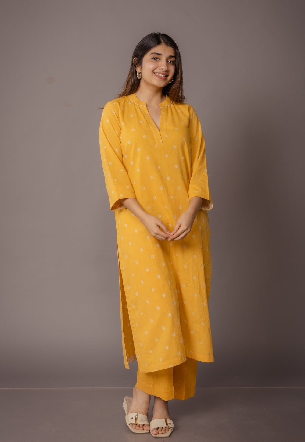 Tanya Yellow Bandhani Cotton Straight Kurta with Dupatta