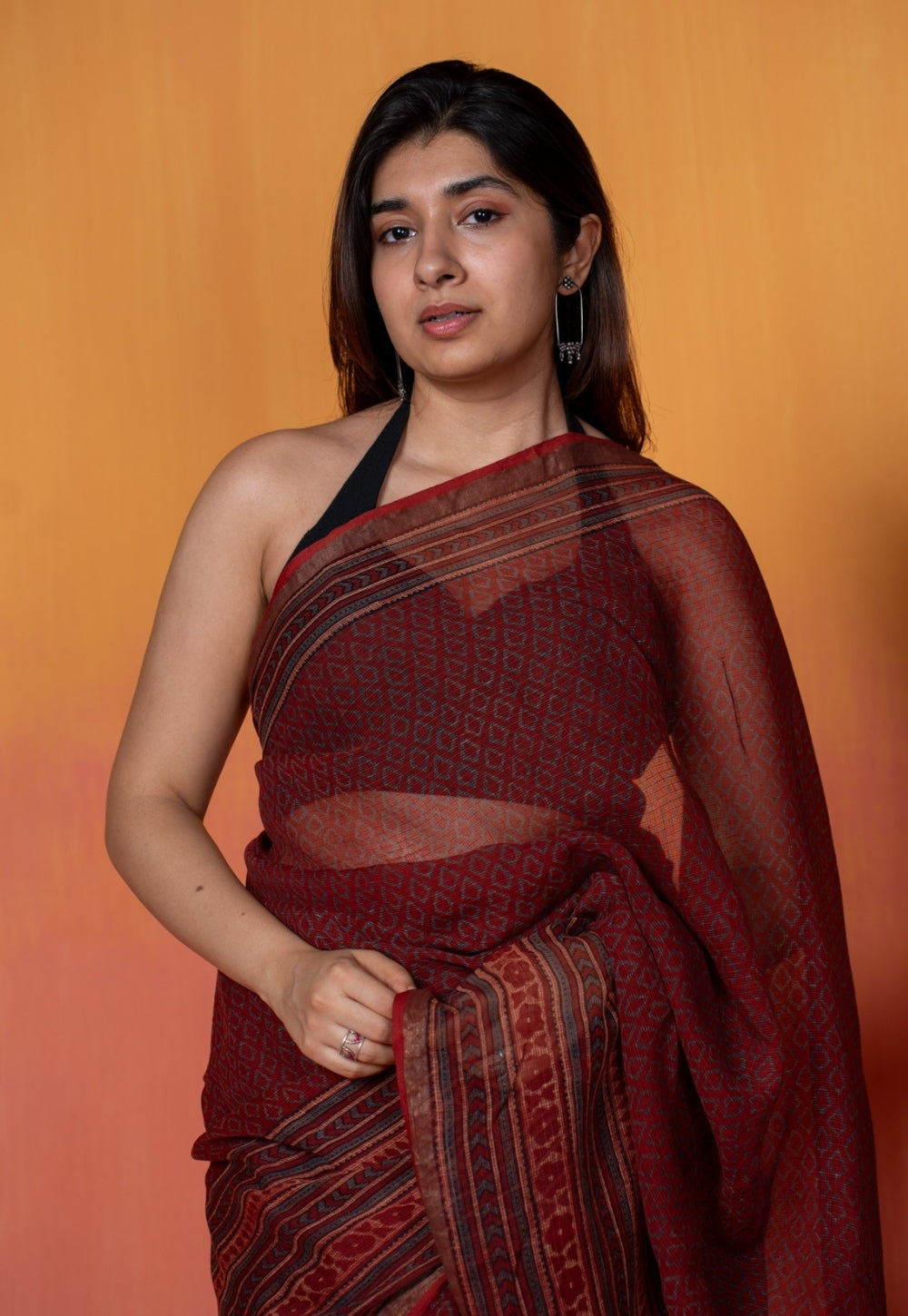 Red Geometric Ajrakh Hand Block Print Kota Doria Saree