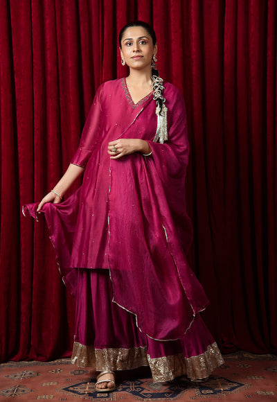 Avisha Pink Solid Chanderi Straight Kurta with Hand Embroidery