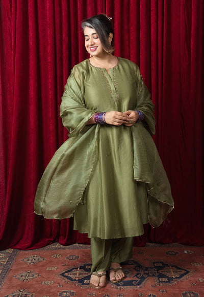 Reva Green Solid Chanderi Silk A Line Kurta with Hand Embroidery
