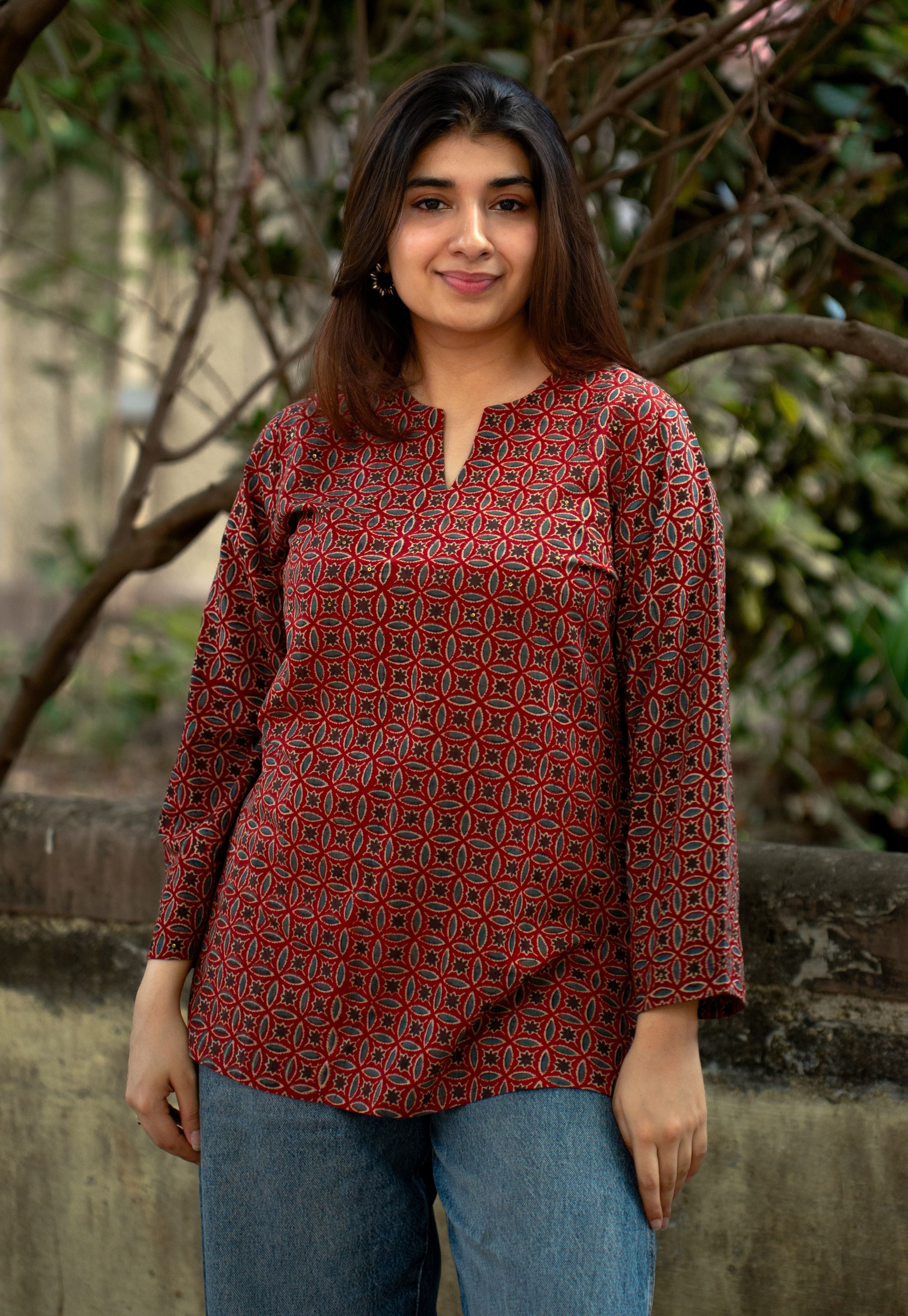 Karvi Red Ajrakh Cotton Straight Short Top with Embroidery