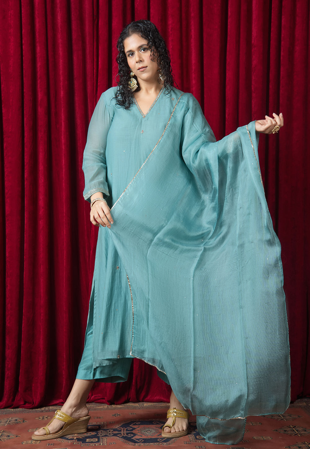 Blue Solid Kota Doria Silk Dupatta with Mukaish Embroidery