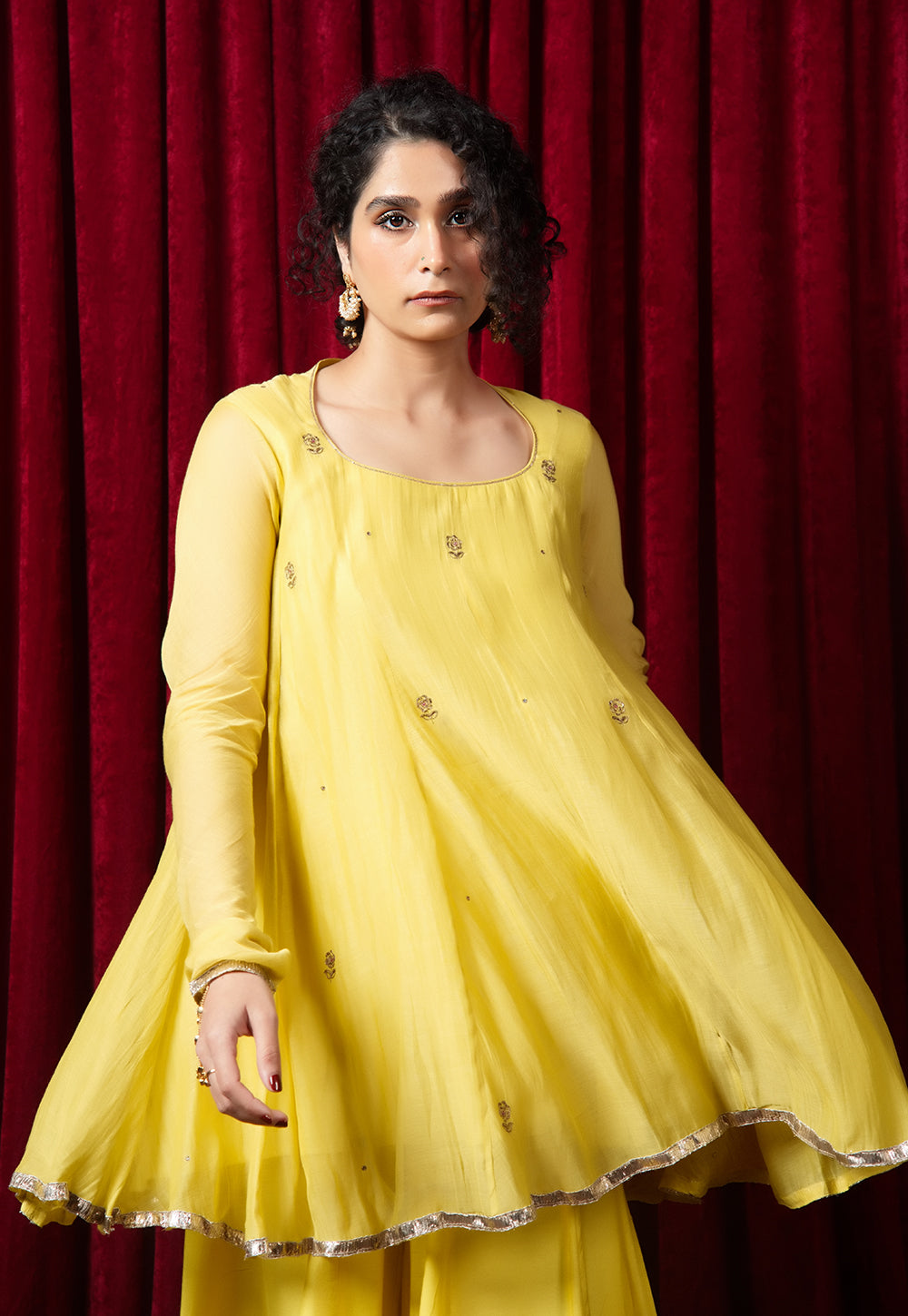 Adha Yellow Solid Chanderi Silk A Line Kurta with Hand Embroidery
