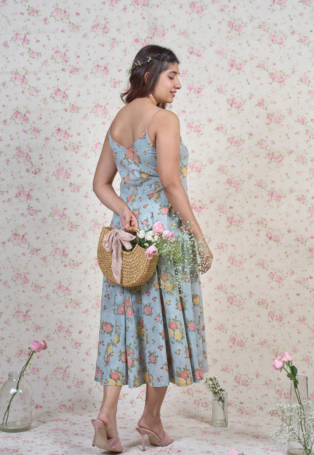 Emma Blue Sanganeri Slub Cotton A Line Dress