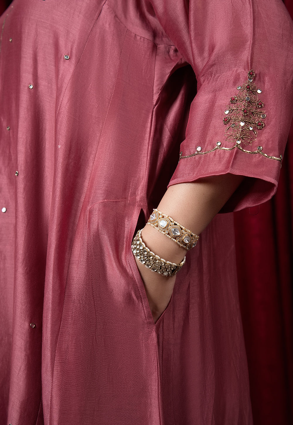 Nyra Red Solid Chanderi Silk Jhabbha Kali Kurta with Hand Embroidery