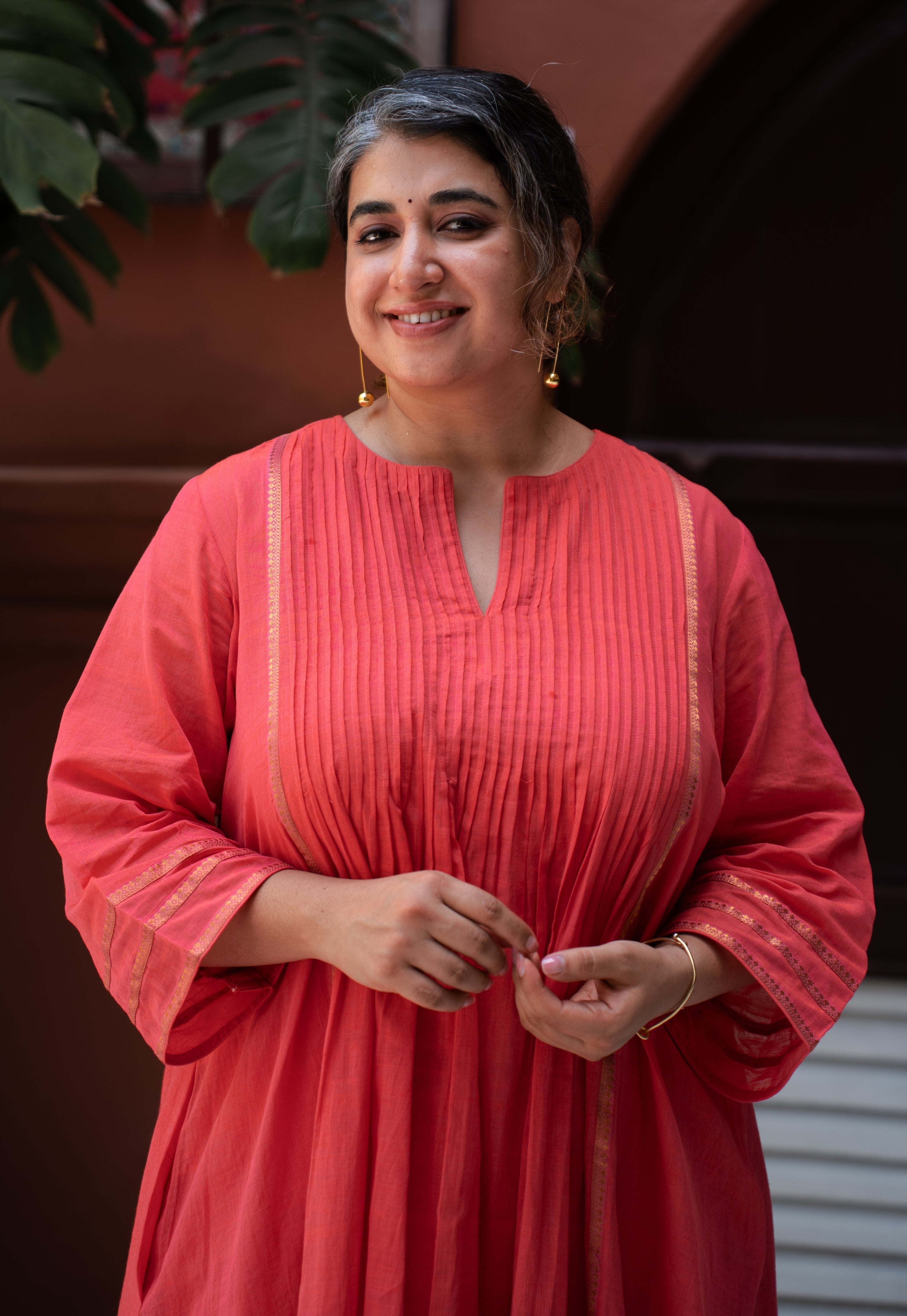 Ruhza Orange Mangalgiri Cotton Kali Kurta with Nizam Border