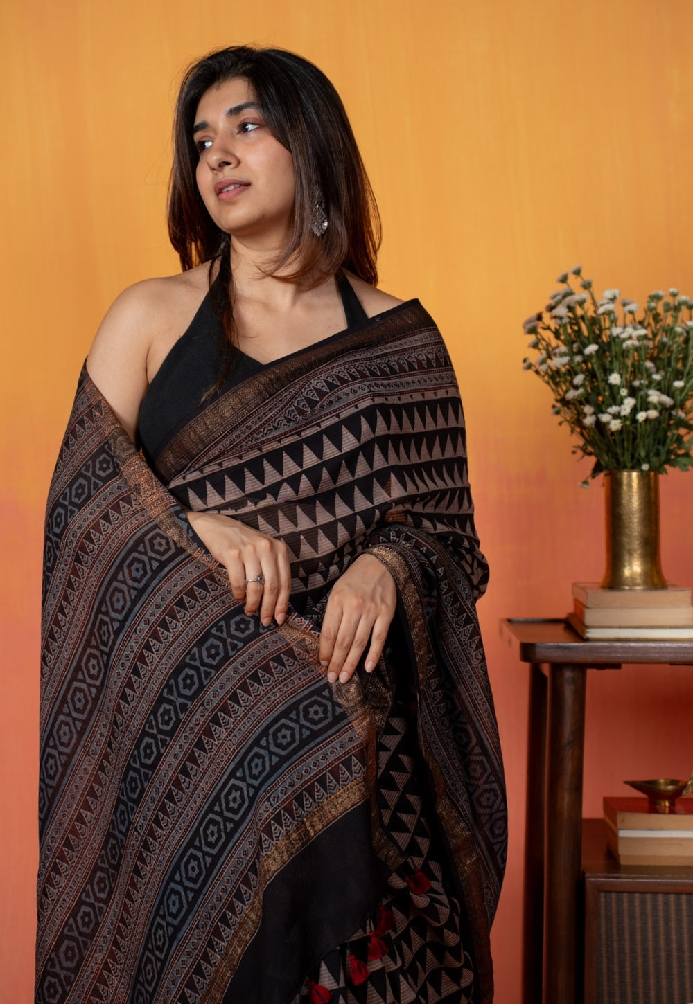 Black Tribal Ajrakh Hand Block Print Maheshwari Saree