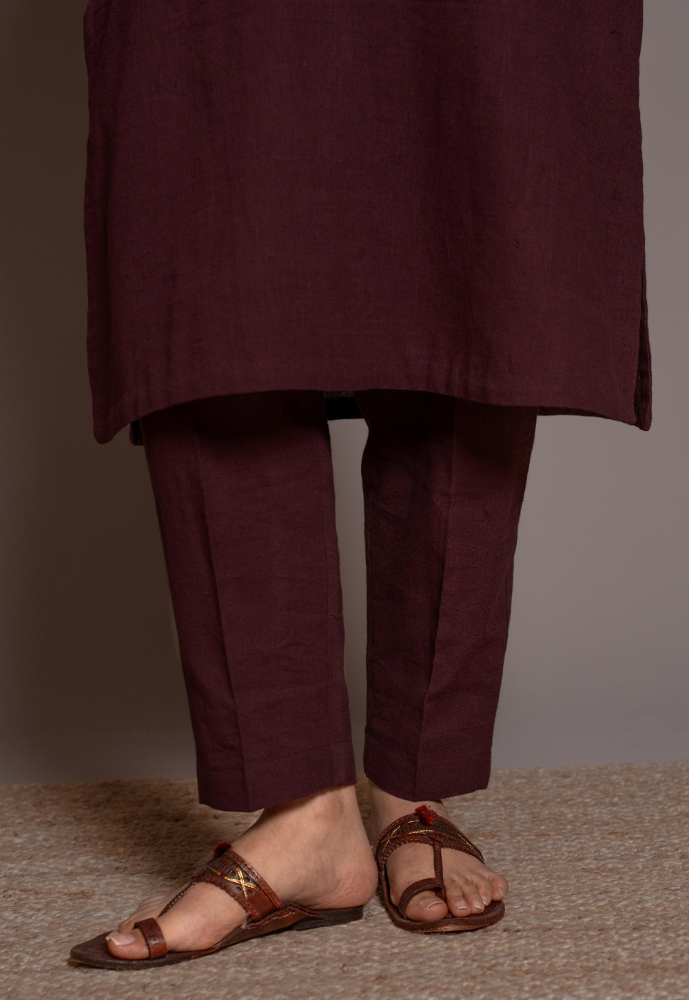 Wine Solid Slub Cotton Narrow Pant- DyeVerse