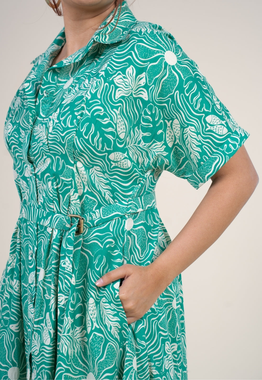 Preeti Emerald Green Printed Floral Cotton A Line Dress