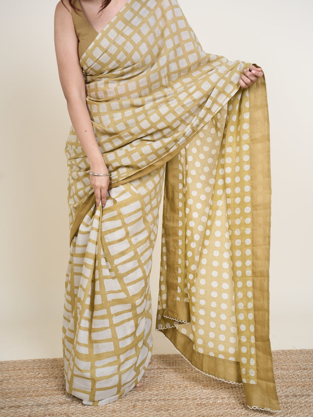 Urooj Green Batik Hand Block Print Mul Cotton Saree with Embroidery
