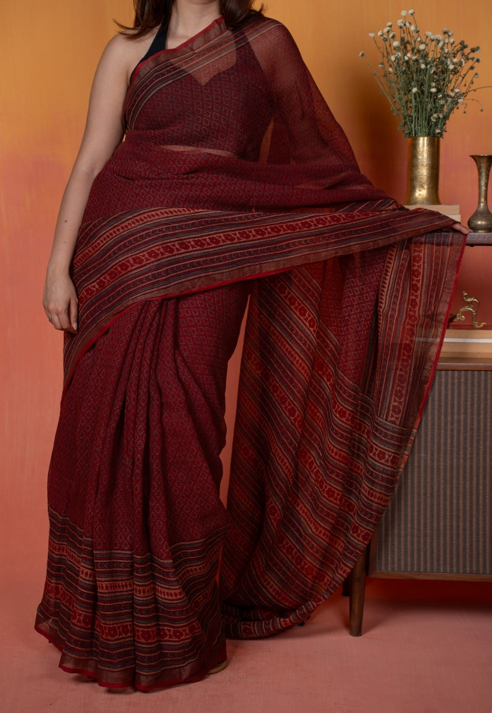 Red Geometric Ajrakh Hand Block Print Kota Doria Saree