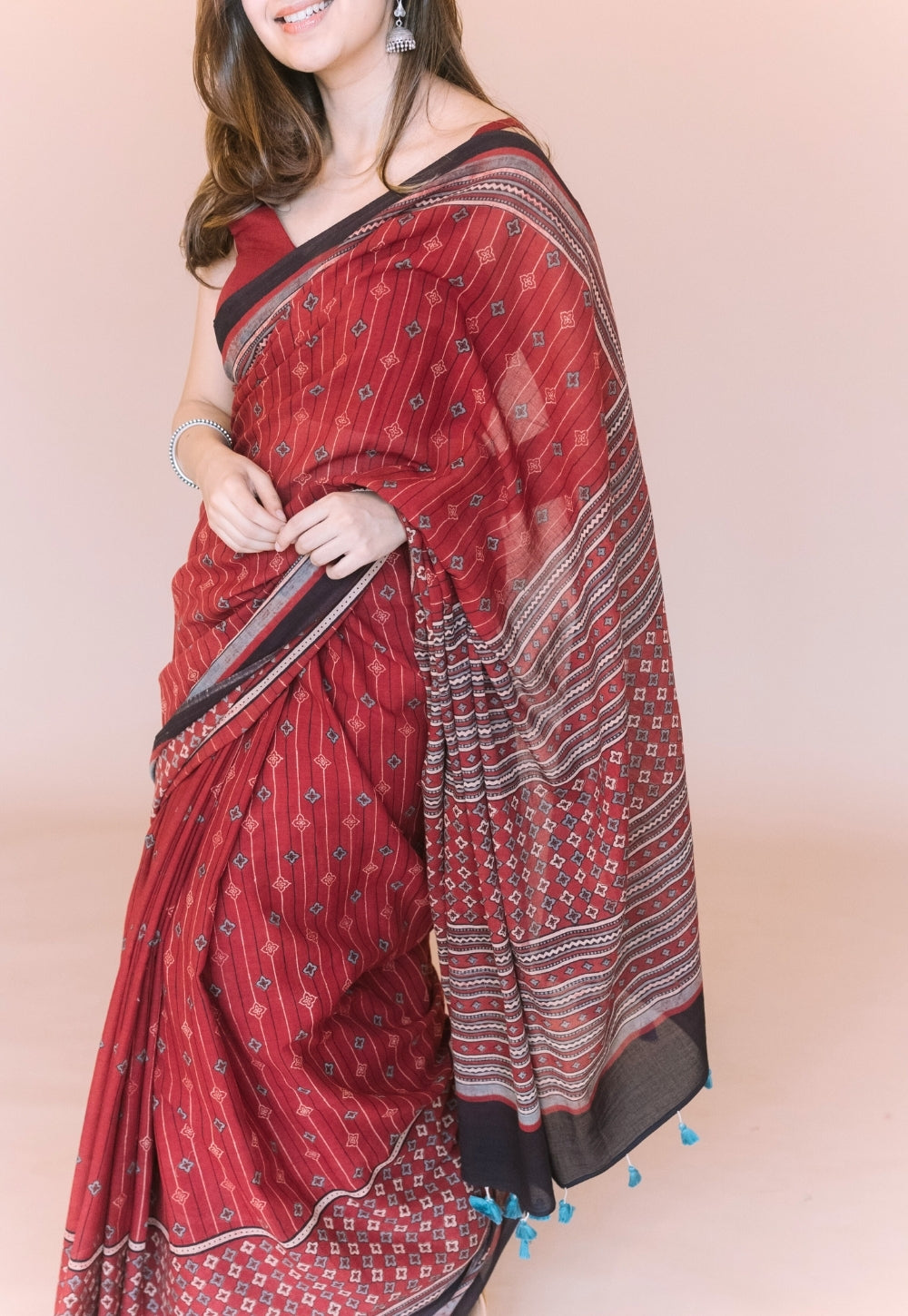 Red Aztec Ajrakh Hand Block Print Mul Saree