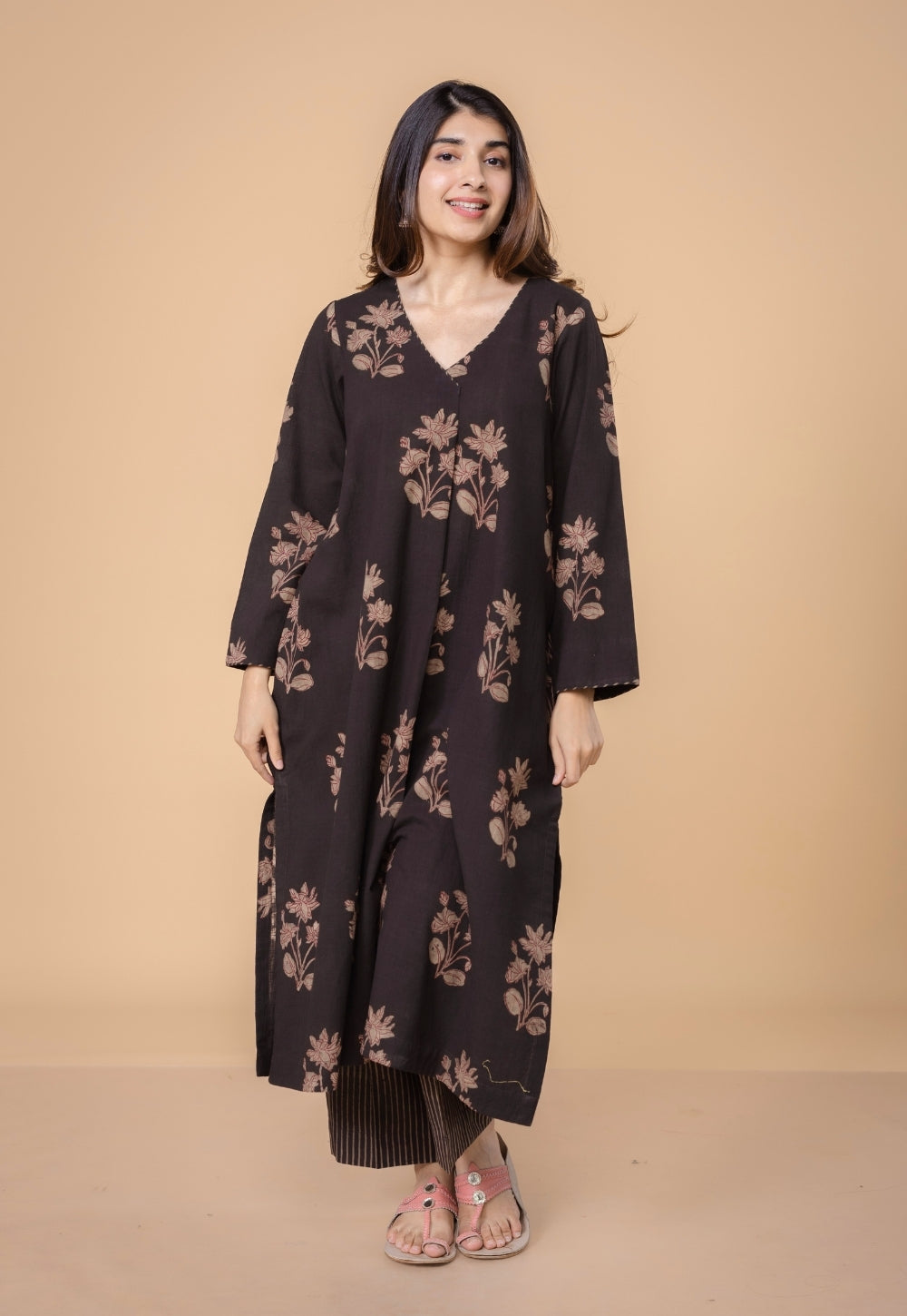 Megha Brown Dabu Slub Cotton Straight Kurta Set (Set of 2)
