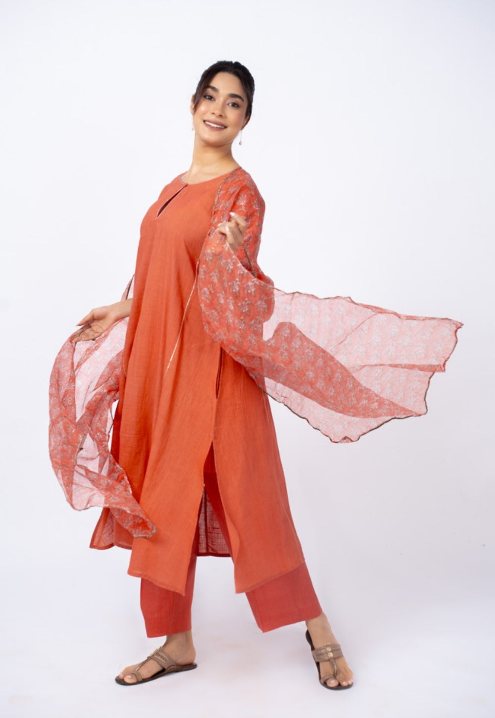 Adhya Orange Solid Slub Cotton Jhabbha Kali Kurta Suit Set with Printed Dupatta(Set of 3) (Copy)