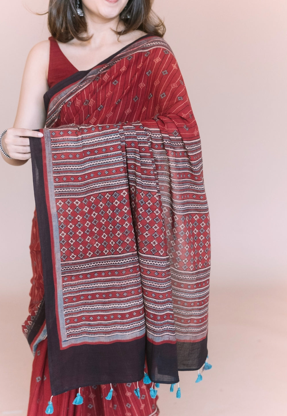 Red Aztec Ajrakh Hand Block Print Mul Saree