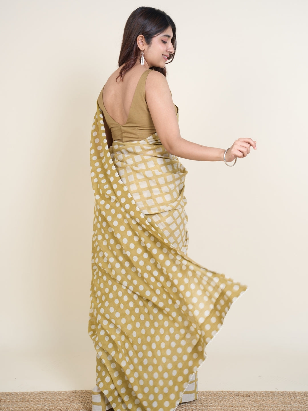 Urooj Green Batik Hand Block Print Mul Cotton Saree with Embroidery