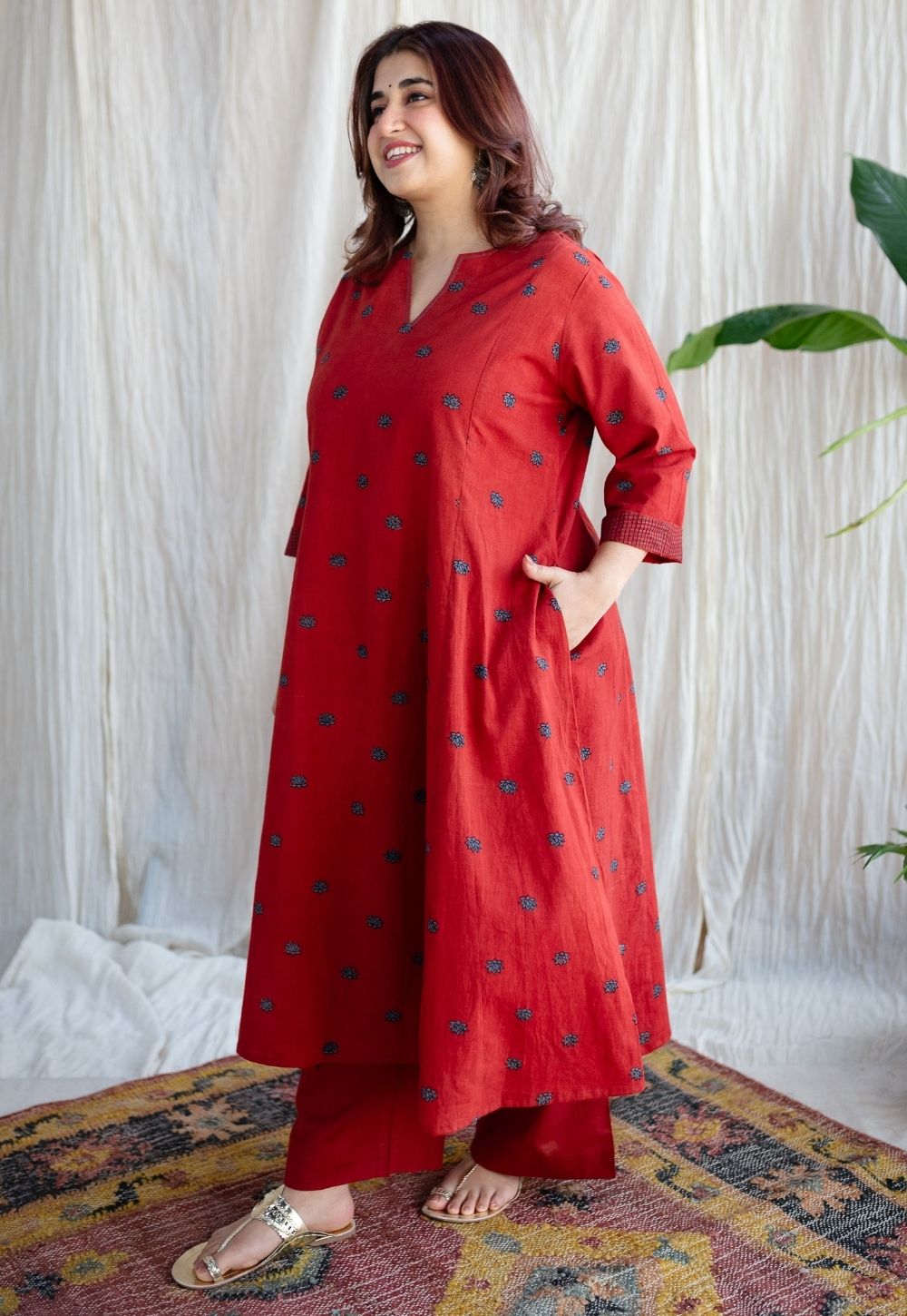 Kamal Red Ajrakh Cotton Kali Kurta with Hand Embroidery