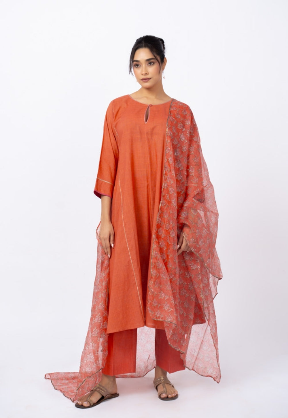 Adhya Orange Solid Slub Cotton Jhabbha Kali Kurta Suit Set with Printed Dupatta(Set of 3) (Copy)