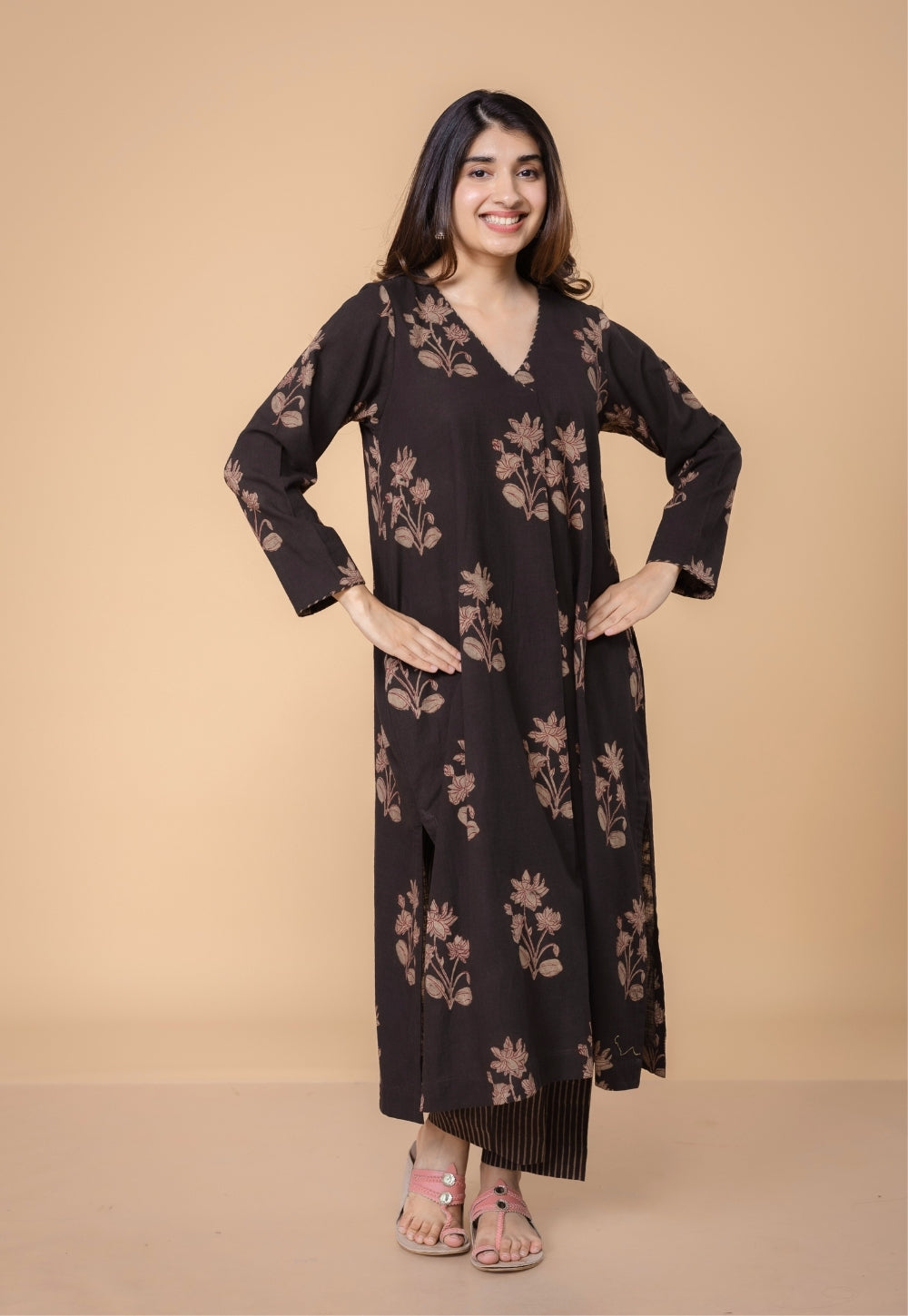 Megha Brown Dabu Slub Cotton Straight Kurta Set (Set of 2)