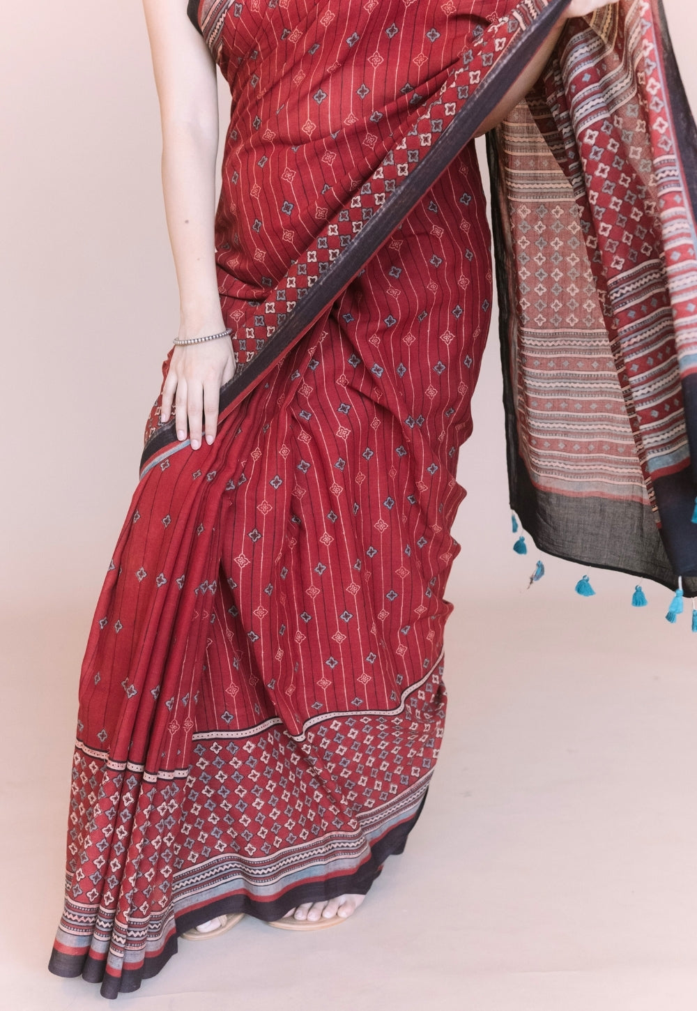 Red Aztec Ajrakh Hand Block Print Mul Saree
