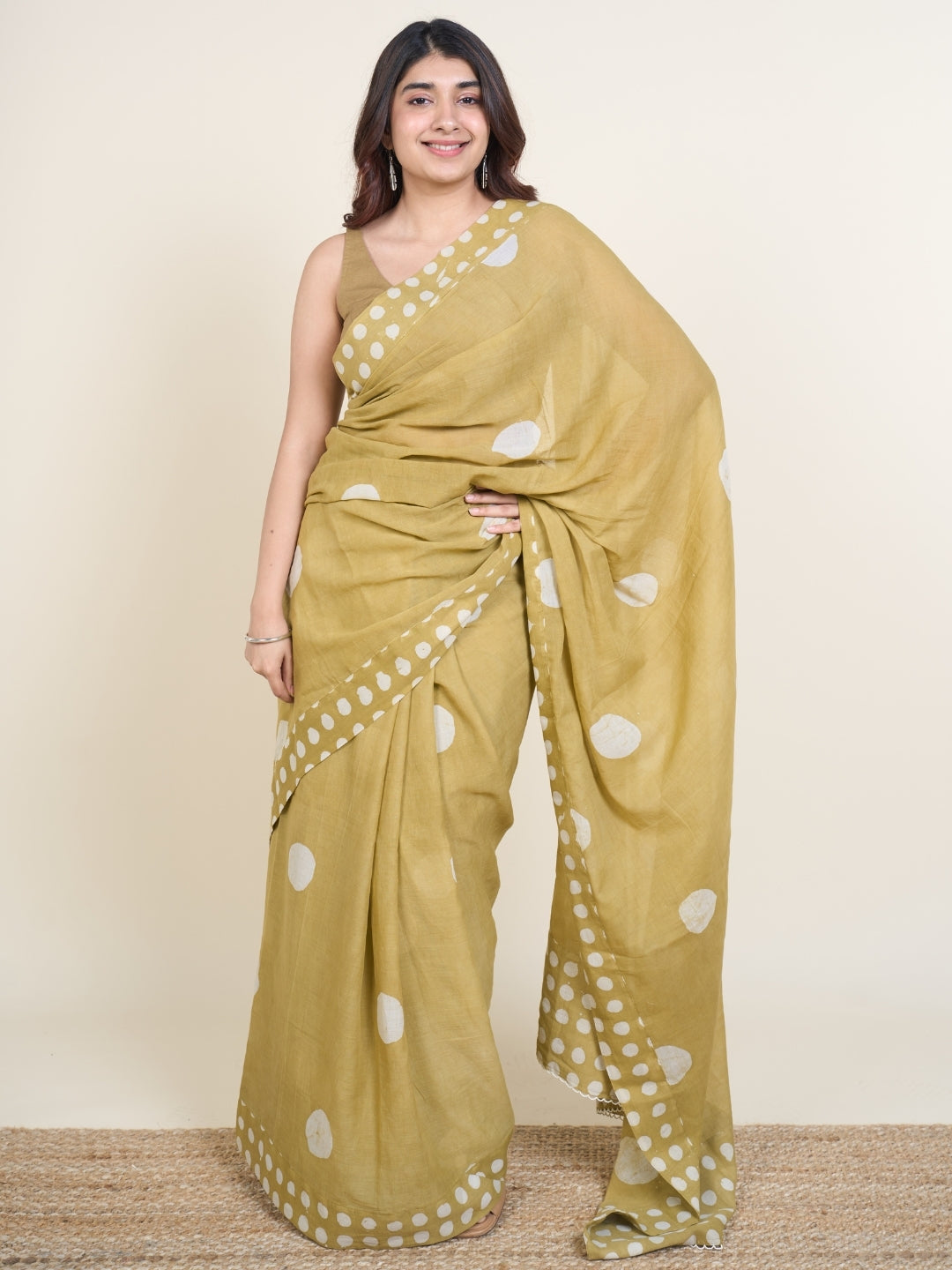 Samiha Green Batik Hand Block Print Mul Cotton Saree with Embroidery