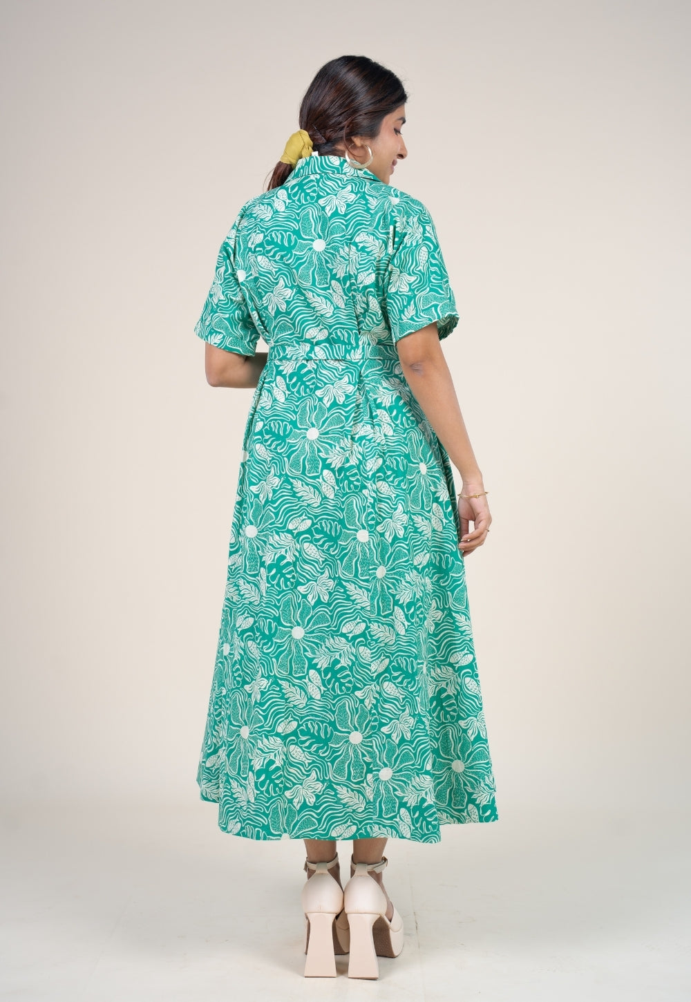 Preeti Emerald Green Printed Floral Cotton A Line Dress