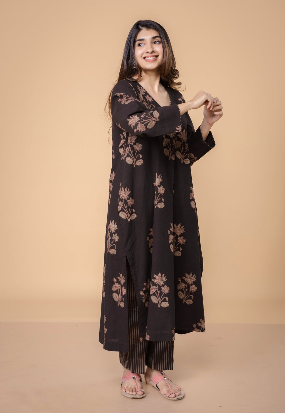 Megha Brown Dabu Slub Cotton Straight Kurta Set (Set of 2)