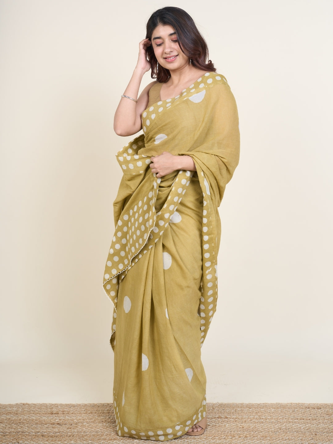 Samiha Green Batik Hand Block Print Mul Cotton Saree with Embroidery