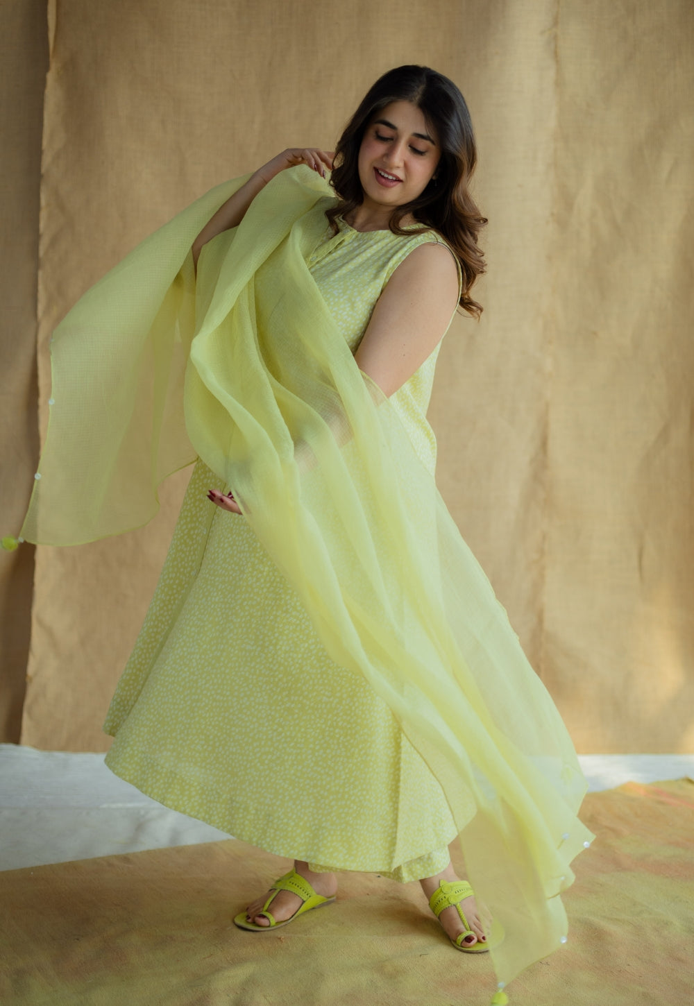 Heena Lime Green Hand Block Print Slub Cotton A Line Kurta