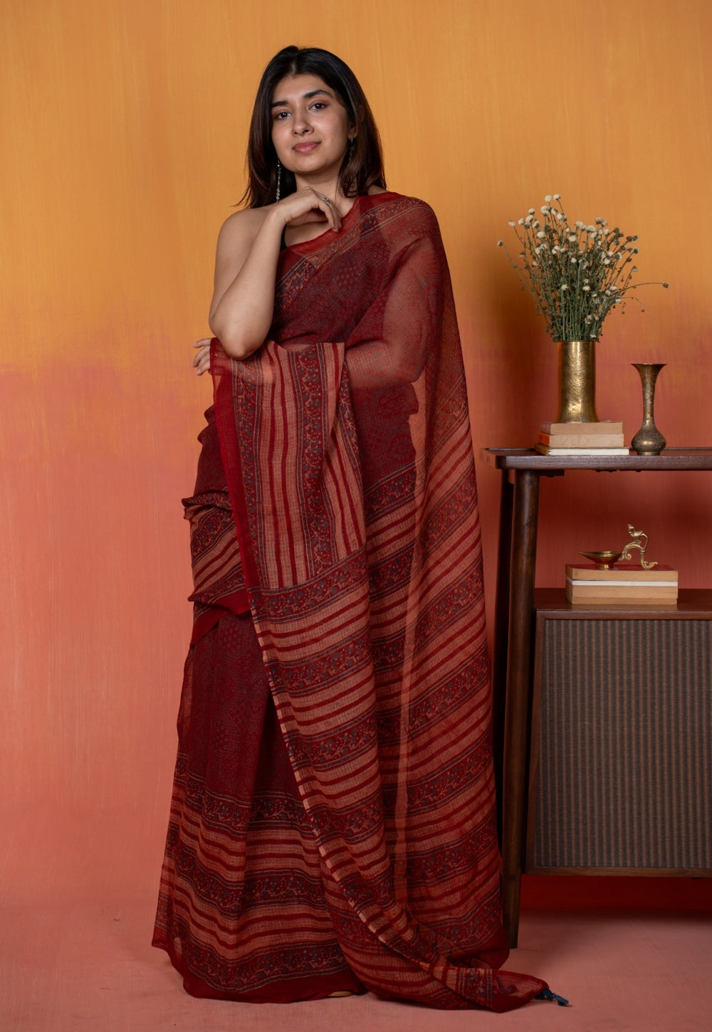 Red Mughal Ajrkah Hand Block Print Kota Doria Saree