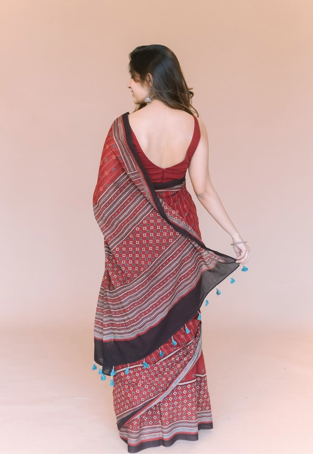 Red Aztec Ajrakh Hand Block Print Mul Saree