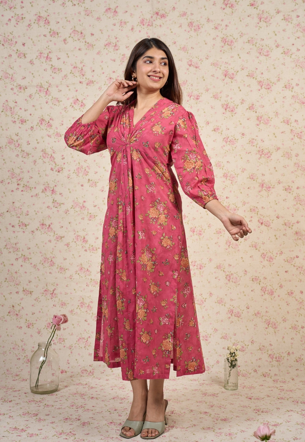 Rosie Pink Sanganeri Mul Cotton A Line Dress