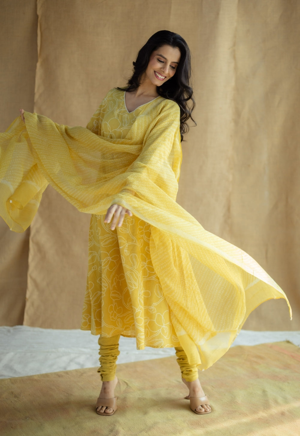 Mustard Hand Block Print Cotton Kota Doria Dupatta