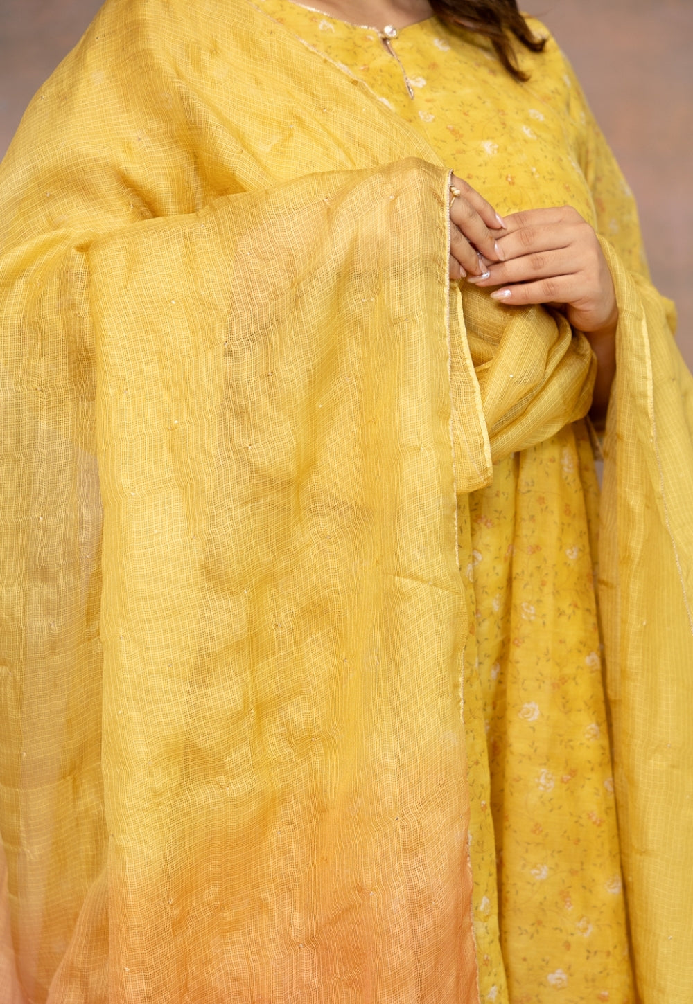 Rosa Yellow Sanganeri Chanderi Silk Kali Kurta with Hand Embroidery