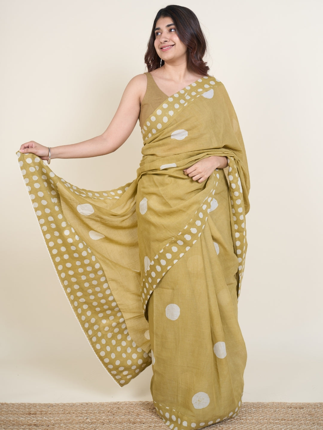 Samiha Green Batik Hand Block Print Mul Cotton Saree with Embroidery