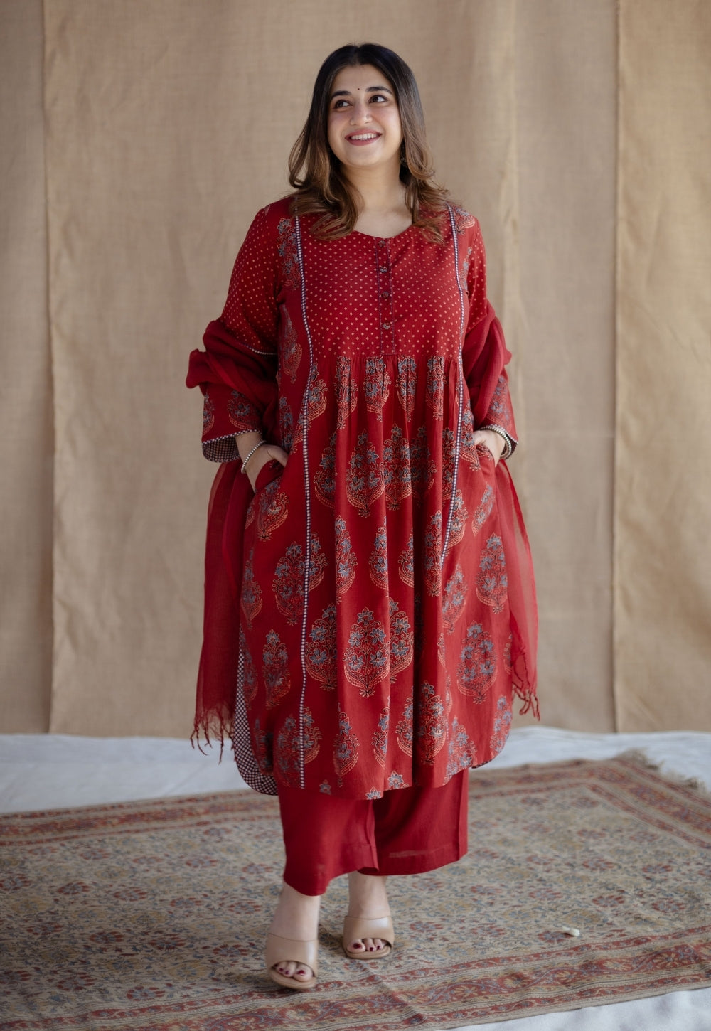 Divyathi Red Ajrakh Cotton A Line Kurta with Hand Embroidery