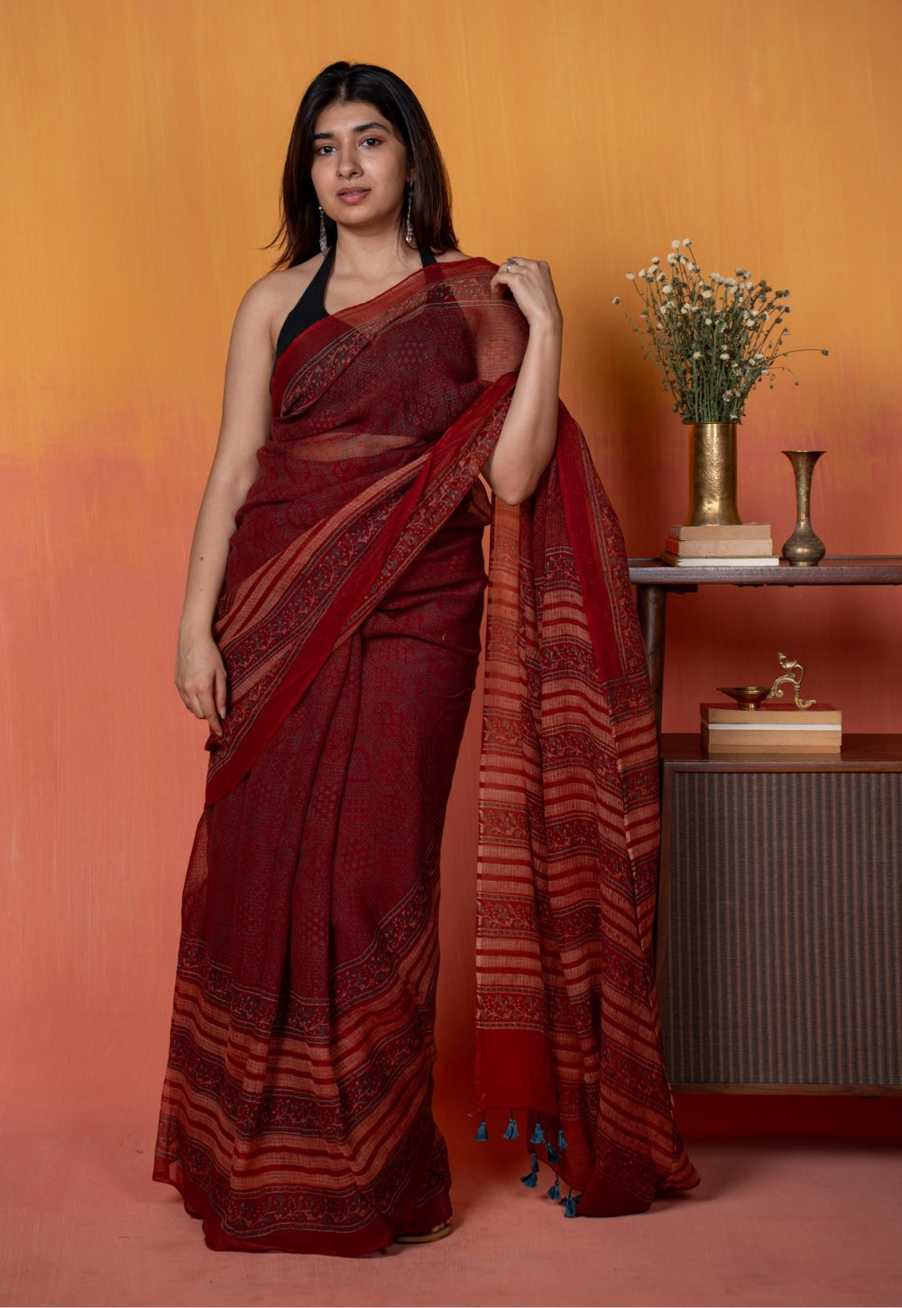 Red Mughal Ajrkah Hand Block Print Kota Doria Saree