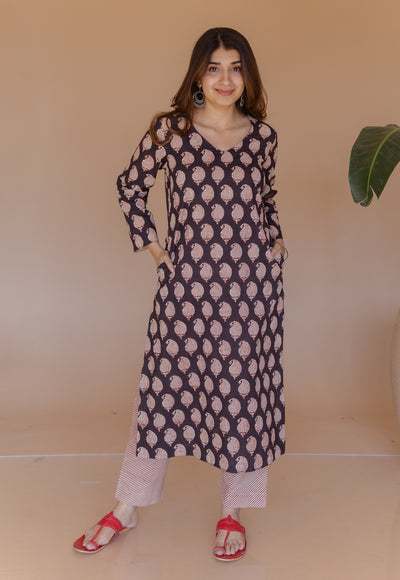 Aarushi Black Bagru Cotton Straight Kurta