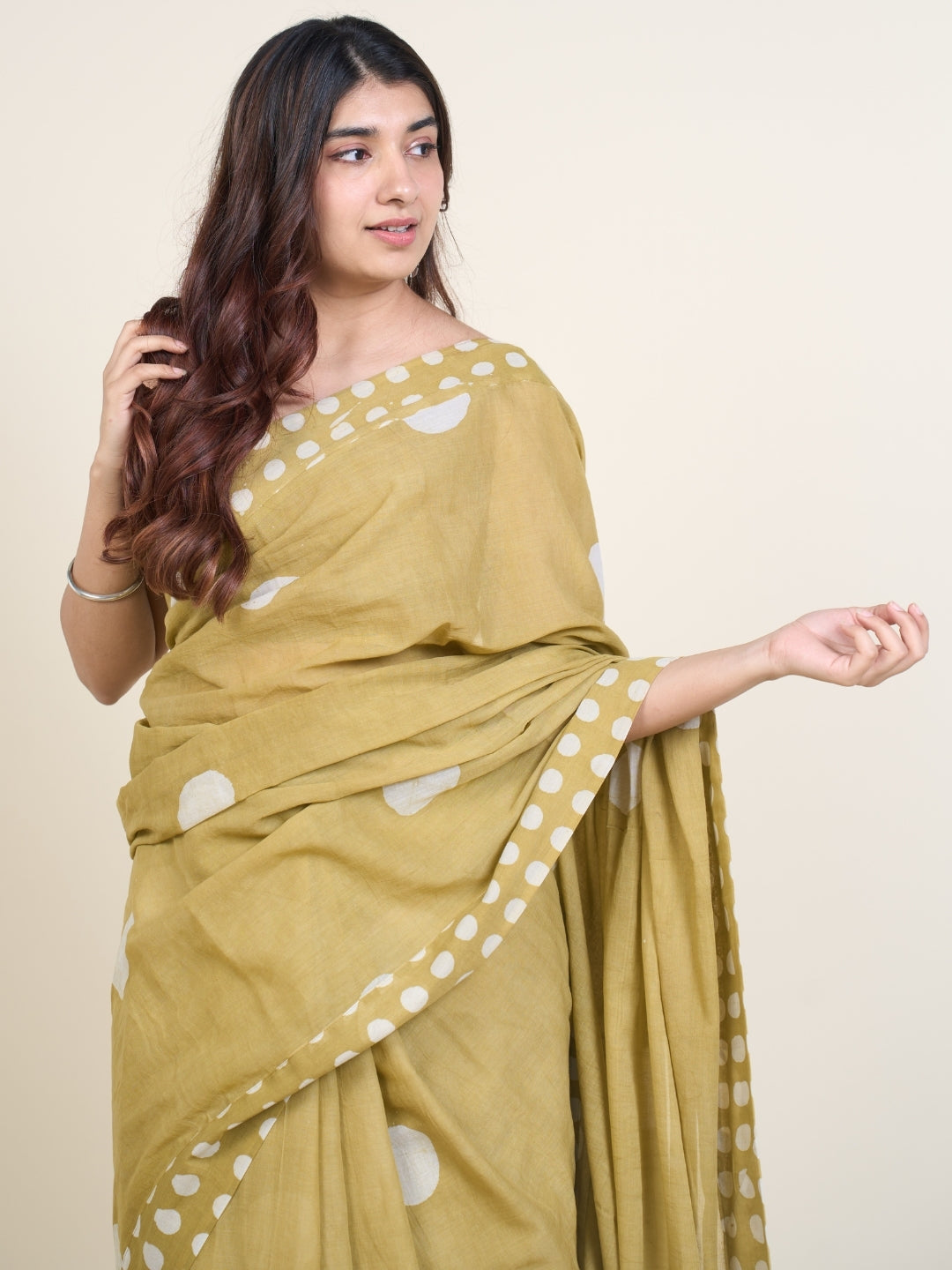 Samiha Green Batik Hand Block Print Mul Cotton Saree with Embroidery