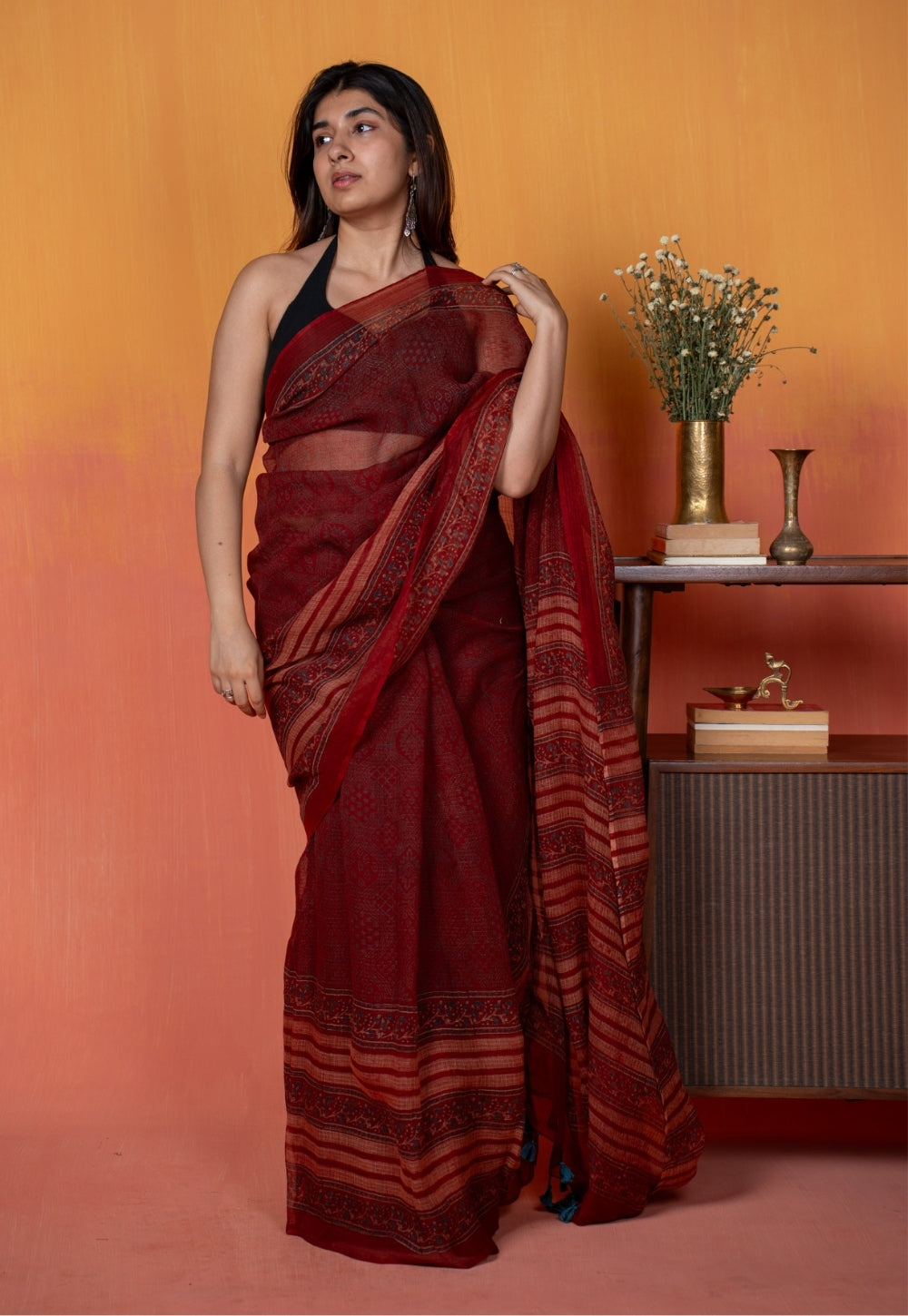 Red Mughal Ajrkah Hand Block Print Kota Doria Saree