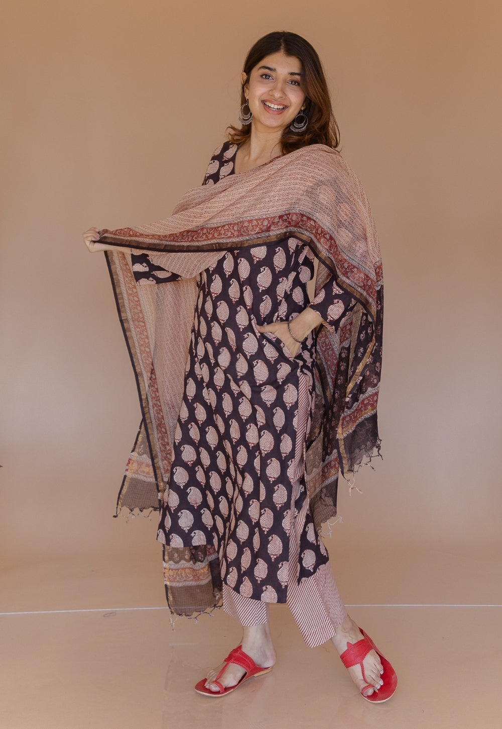 Aarushi Black Bagru Cotton Straight Suit Set (Set of 3)