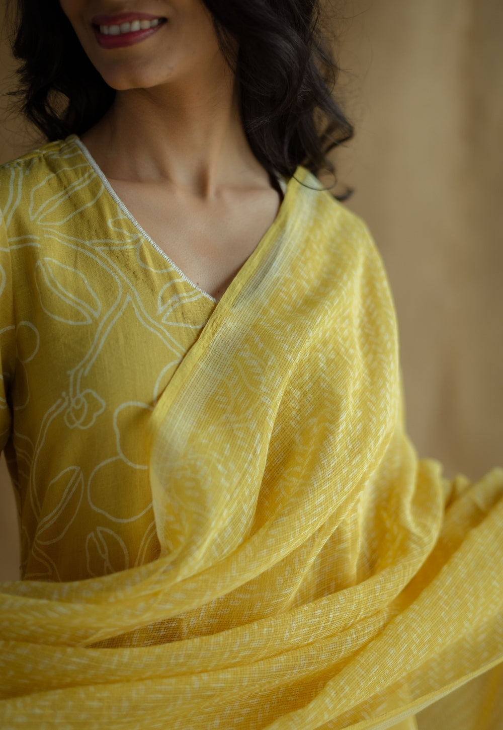 Mustard Hand Block Print Cotton Kota Doria Dupatta