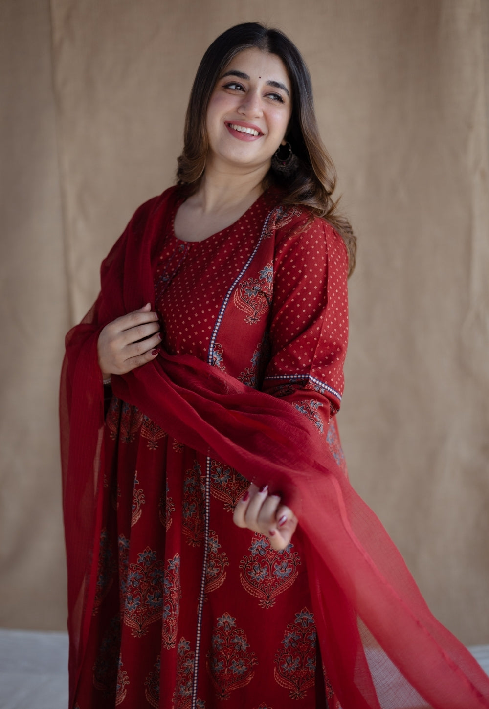 Divyathi Red Ajrakh Cotton A Line Kurta with Hand Embroidery