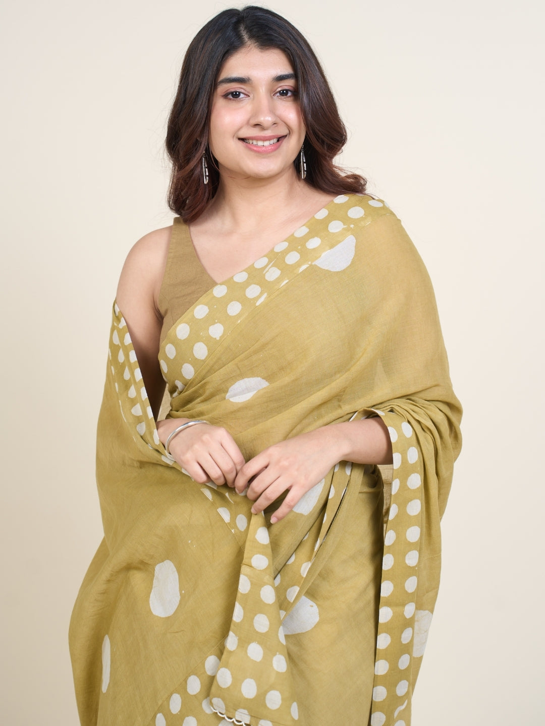 Samiha Green Batik Hand Block Print Mul Cotton Saree with Embroidery