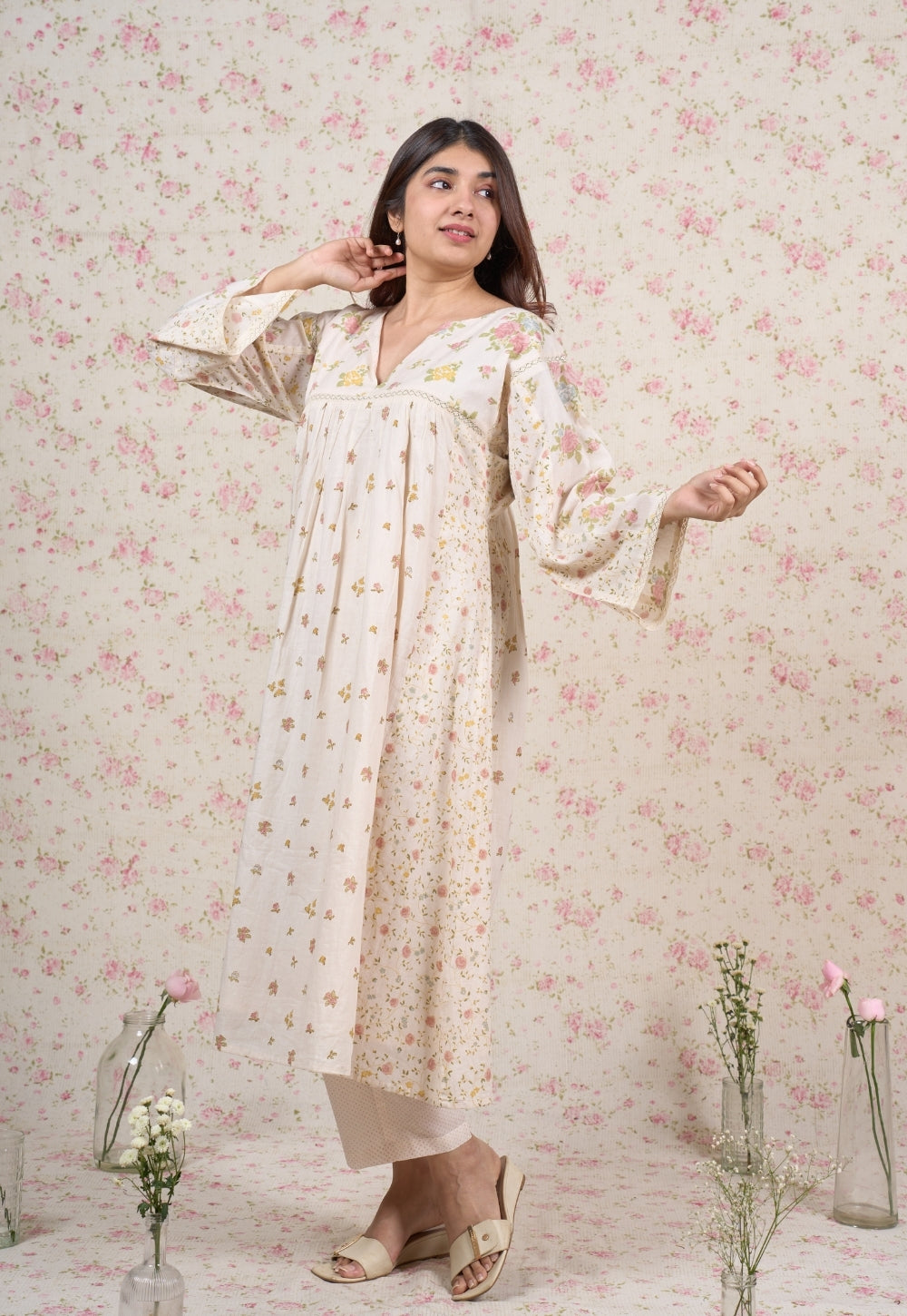 Stella White Sanganeri Mul Cotton Kali Kurta