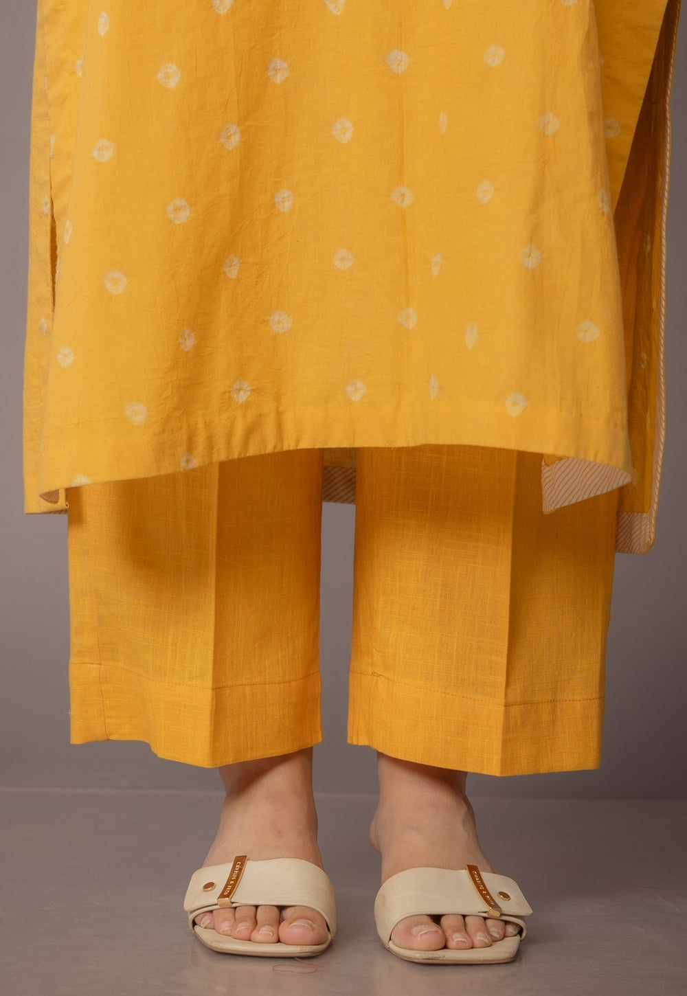 Yashi Yellow Solid Slub Cotton Straight Pant
