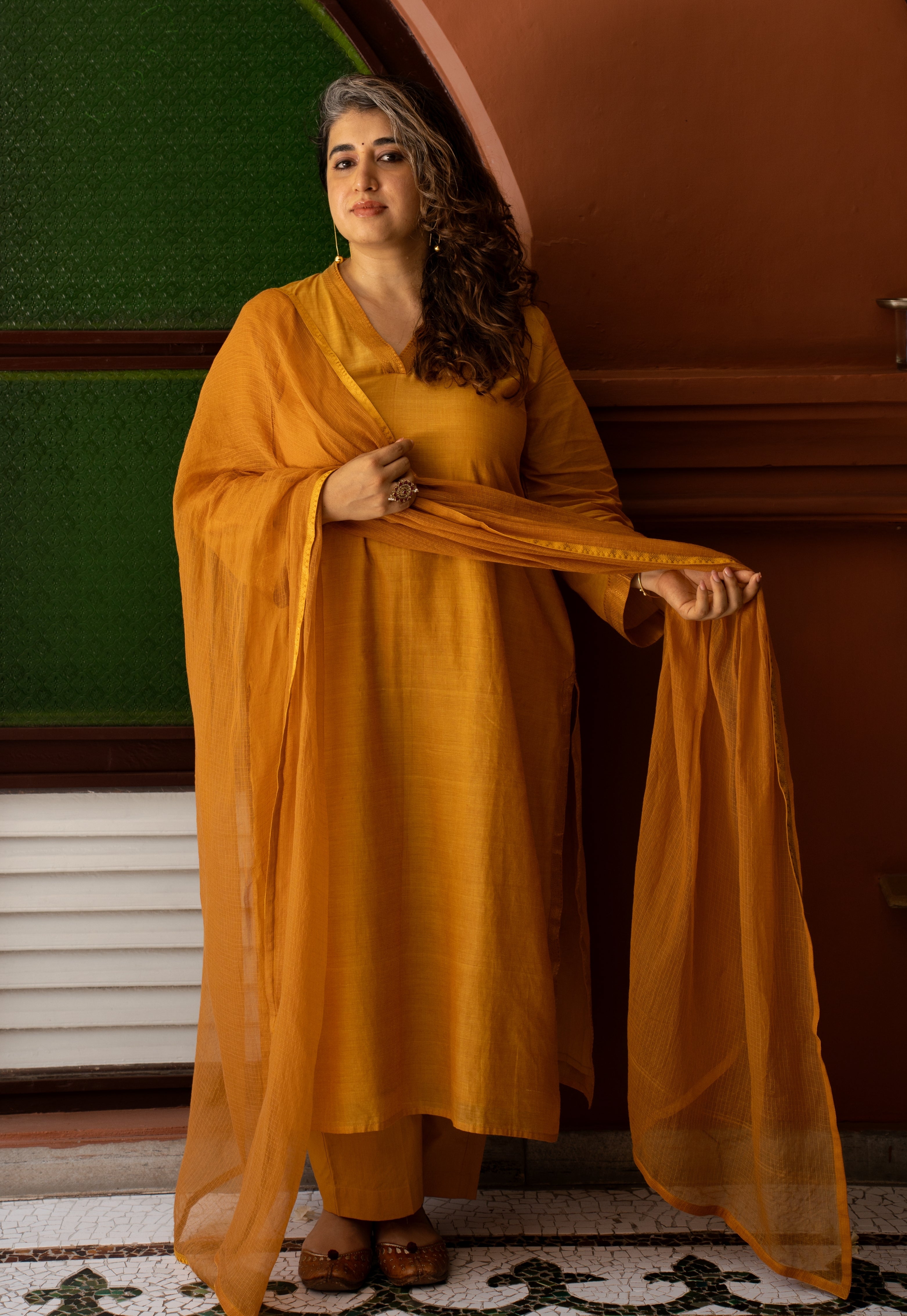 Vrusha Yellow Mangalgiri Cotton Straight Kurta with Nizam Border
